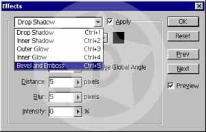 Effects mns ald zaman Drop Shadow seenei zaten otomatik olarak uygulanm olacak. Drop Shadowun ayarlarna dokunmadan Bevel And Emboss (Ctrl + 5) seeneine gidip yandaki Apply kutucuunu iaretleyelim.